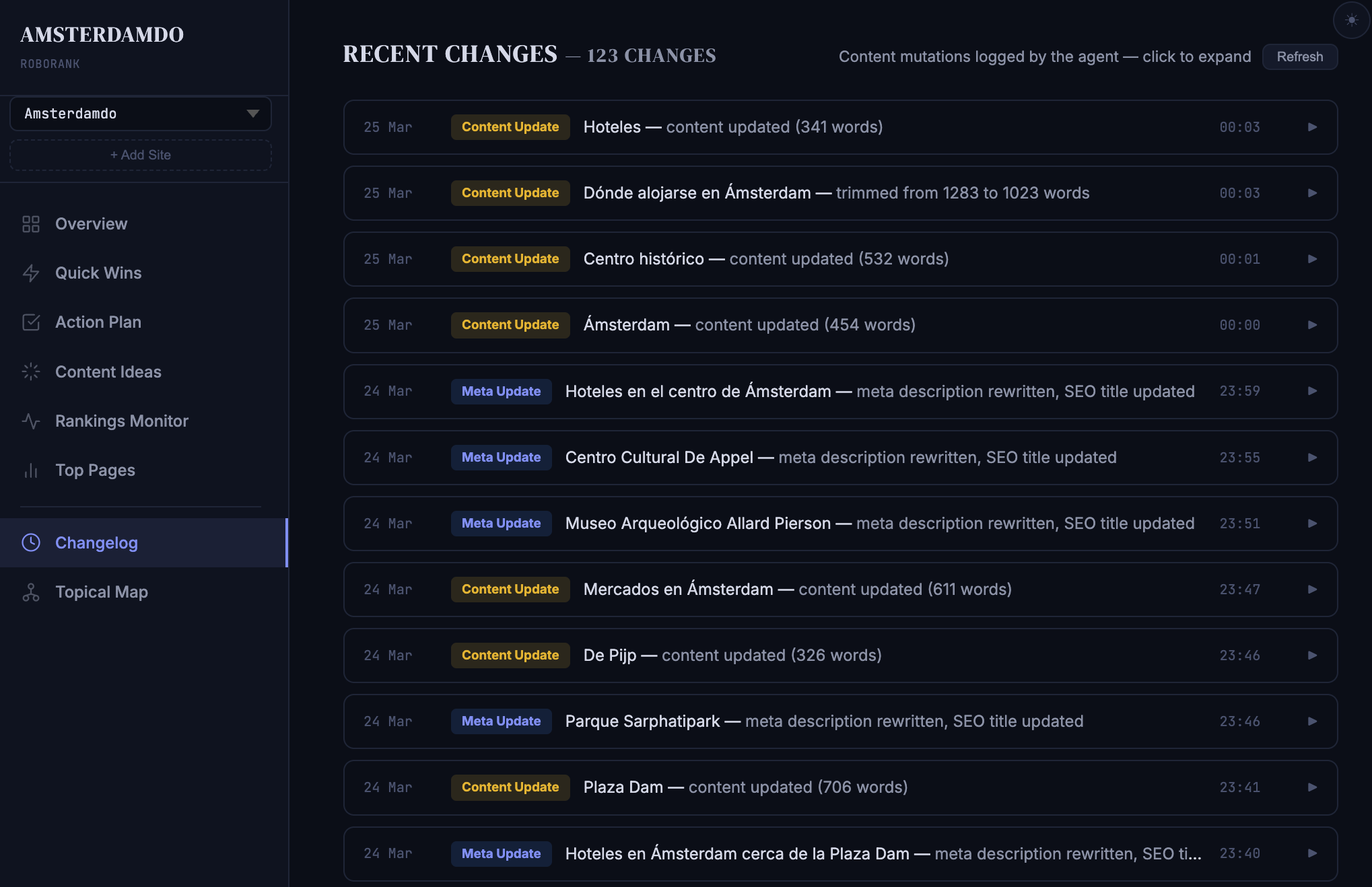Changelog before and after